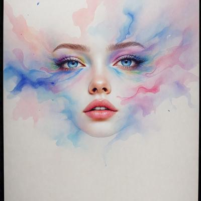The primary subject of the image is a woman's face, which is the main focus of the image. The setting is a colorful background, which adds a vibrant and lively atmosphere to the scene. The visual style is a combination of digital art and illustration, creating a unique and artistic representation of the woman's face. The colors and mood of the image are predominantly bright and cheerful, with the woman's face being the center of attention and the background providing a dynamic and engaging backdrop